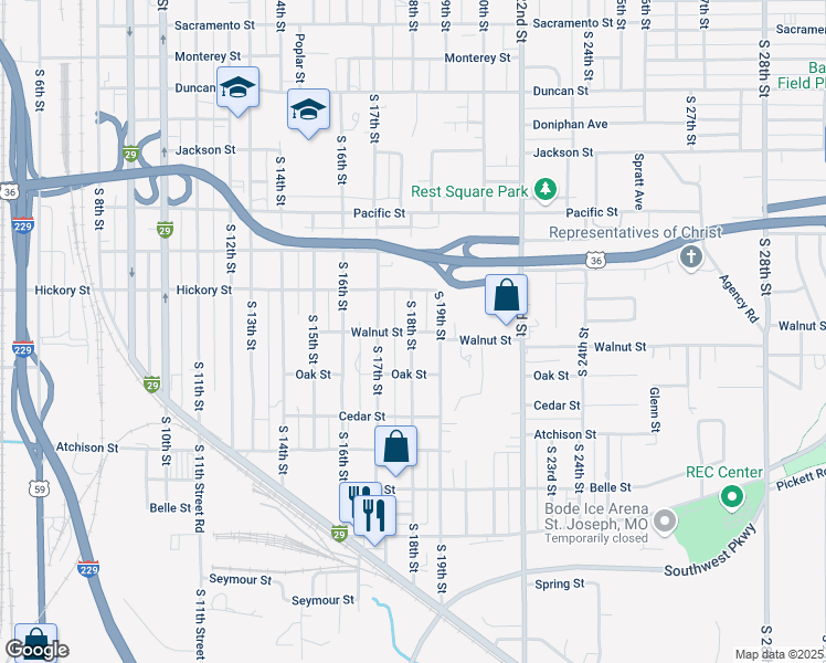 map of restaurants, bars, coffee shops, grocery stores, and more near S 18th St & Walnut St in St Joseph