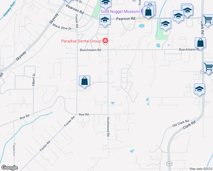 map of restaurants, bars, coffee shops, grocery stores, and more near 5435 Scottwood Road in Paradise