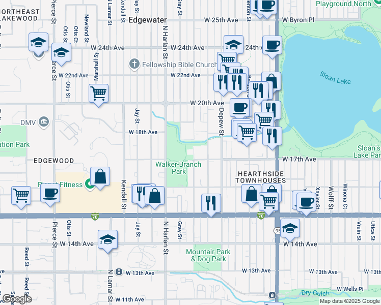 map of restaurants, bars, coffee shops, grocery stores, and more near 1702 Fenton Street in Lakewood
