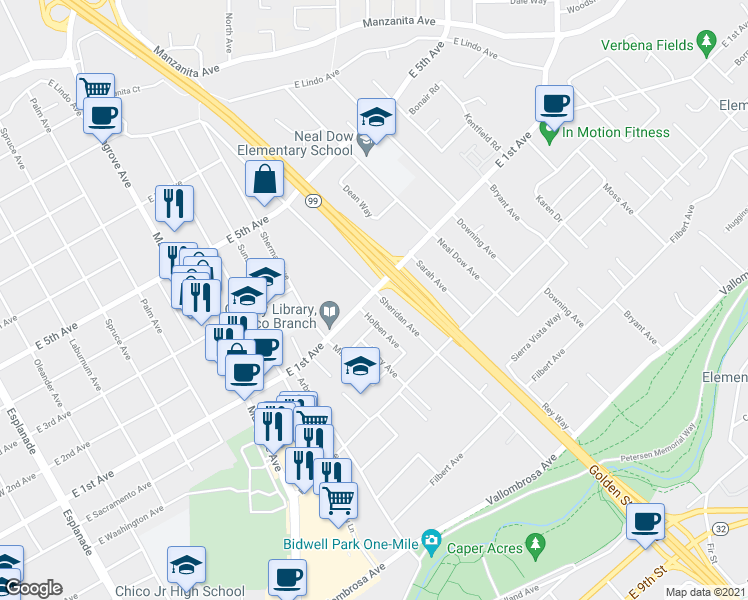 map of restaurants, bars, coffee shops, grocery stores, and more near 997 East 1st Avenue in Chico