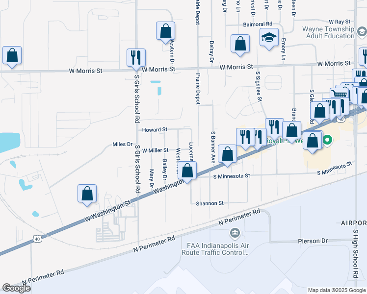 map of restaurants, bars, coffee shops, grocery stores, and more near 1425 Western Drive in Indianapolis