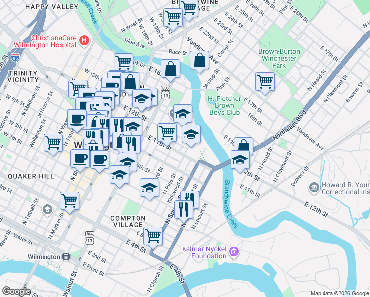 map of restaurants, bars, coffee shops, grocery stores, and more near 518 East 11th Street in Wilmington