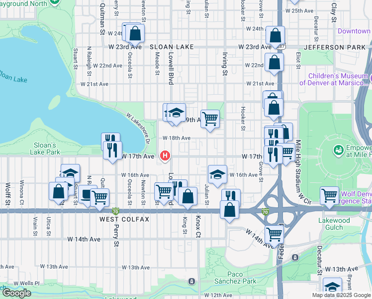 map of restaurants, bars, coffee shops, grocery stores, and more near 1715 King Street in Denver