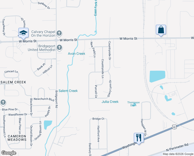 map of restaurants, bars, coffee shops, grocery stores, and more near 1610 Countryside Lane in Indianapolis