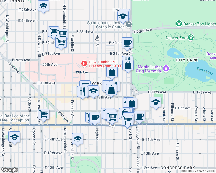 map of restaurants, bars, coffee shops, grocery stores, and more near 1776 Race Street in Denver