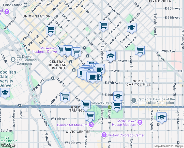 map of restaurants, bars, coffee shops, grocery stores, and more near 1600 Glenarm Place in Denver