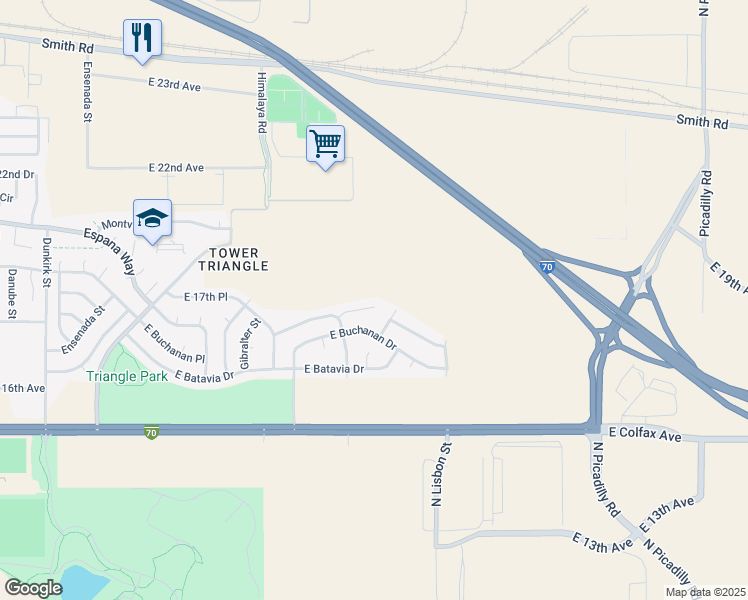 map of restaurants, bars, coffee shops, grocery stores, and more near 20540 East Coolidge Place in Aurora