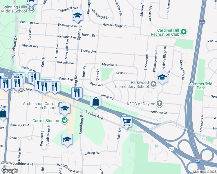map of restaurants, bars, coffee shops, grocery stores, and more near 1206 Gridley Drive in Dayton