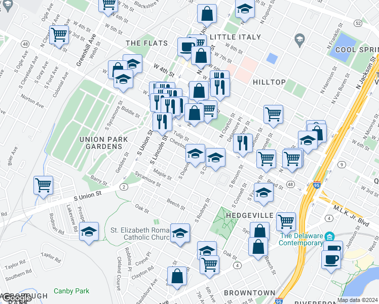 map of restaurants, bars, coffee shops, grocery stores, and more near 201 South Dupont Street in Wilmington