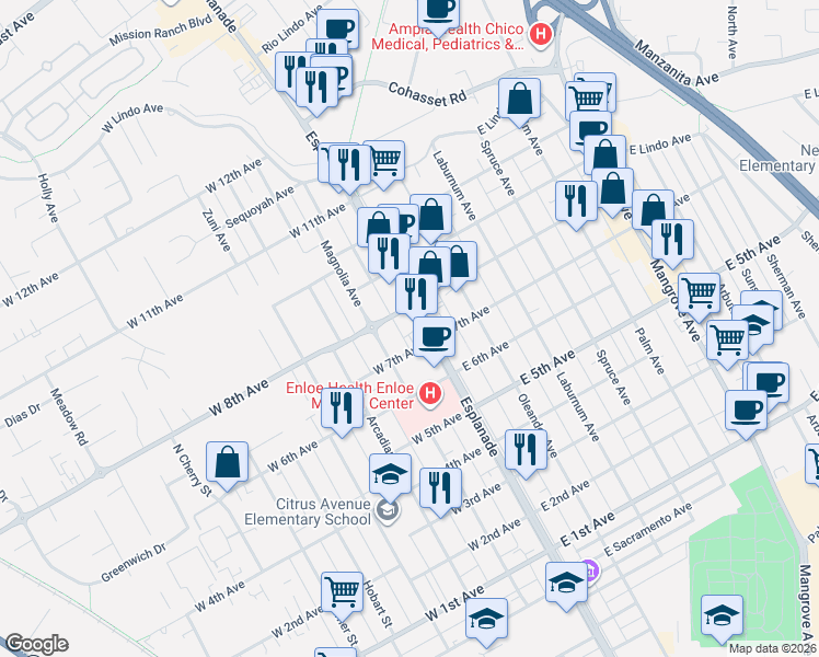map of restaurants, bars, coffee shops, grocery stores, and more near 1725 Esplanade in Chico