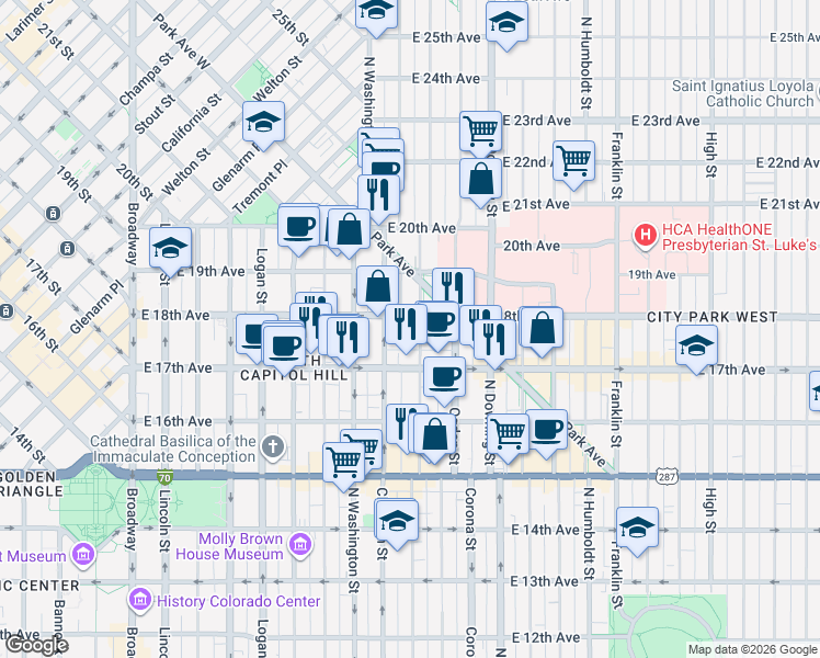 map of restaurants, bars, coffee shops, grocery stores, and more near 1728 Emerson Street in Denver