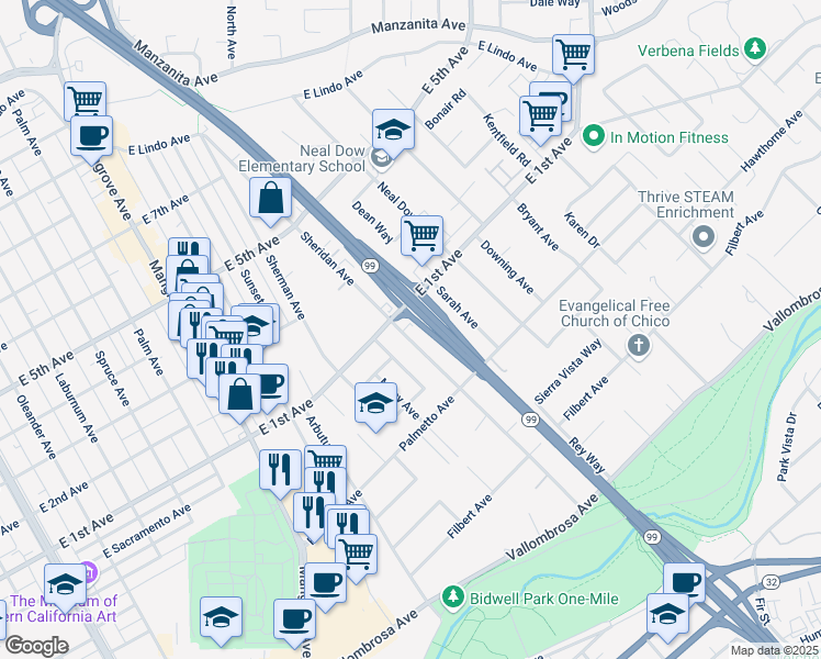map of restaurants, bars, coffee shops, grocery stores, and more near 1019 Sheridan Avenue in Chico