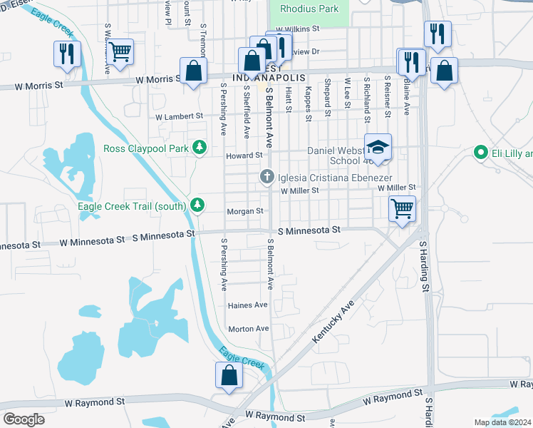 map of restaurants, bars, coffee shops, grocery stores, and more near 1532 South Belmont Avenue in Indianapolis