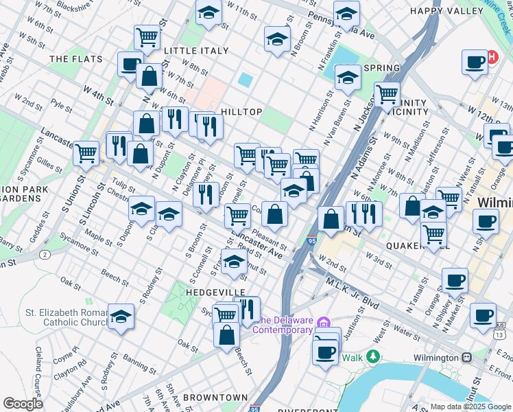 map of restaurants, bars, coffee shops, grocery stores, and more near 1219 Conrad Street in Wilmington
