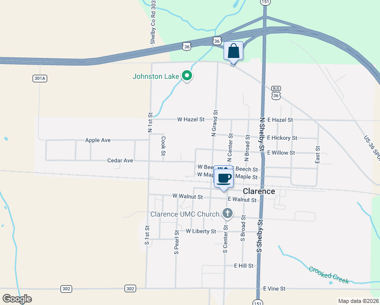 map of restaurants, bars, coffee shops, grocery stores, and more near 300-398 West Cedar Avenue in Clarence