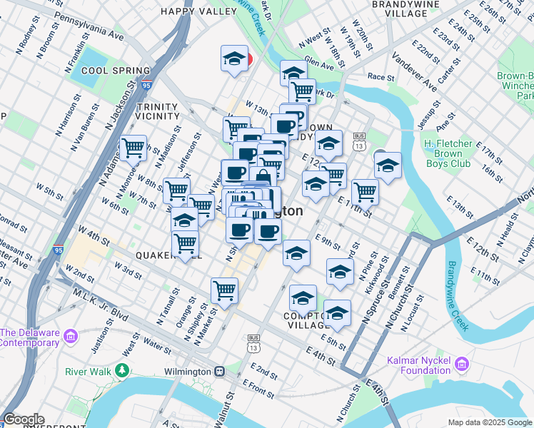 map of restaurants, bars, coffee shops, grocery stores, and more near 838 North Market Street in Wilmington