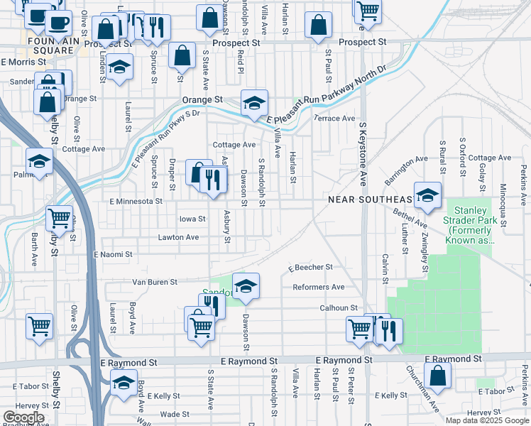 map of restaurants, bars, coffee shops, grocery stores, and more near 1739 South Randolph Street in Indianapolis