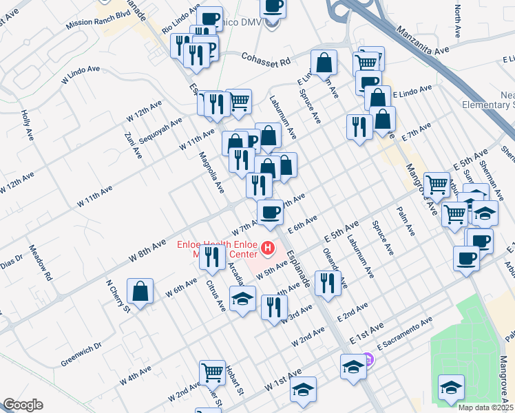 map of restaurants, bars, coffee shops, grocery stores, and more near 108 West 7th Avenue in Chico