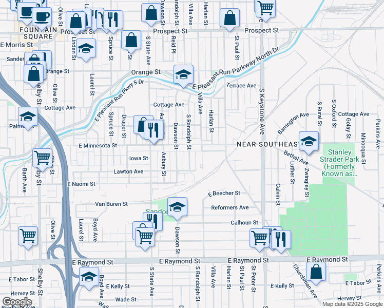 map of restaurants, bars, coffee shops, grocery stores, and more near 1739 South Randolph Street in Indianapolis