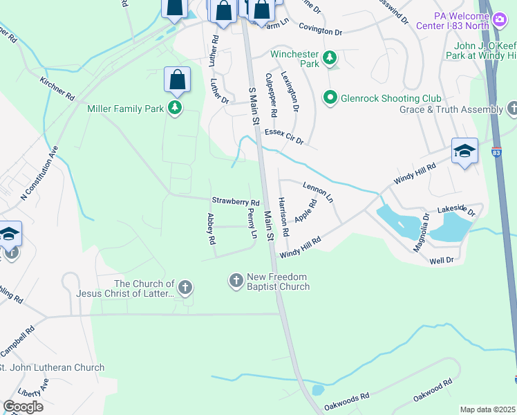 map of restaurants, bars, coffee shops, grocery stores, and more near 1 Strawberry Road in New Freedom