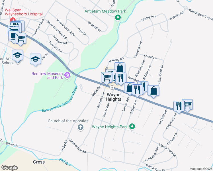 map of restaurants, bars, coffee shops, grocery stores, and more near 10829 Buchanan Trail East in Waynesboro
