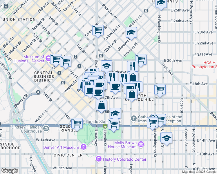 map of restaurants, bars, coffee shops, grocery stores, and more near 1776 Lincoln Street in Denver