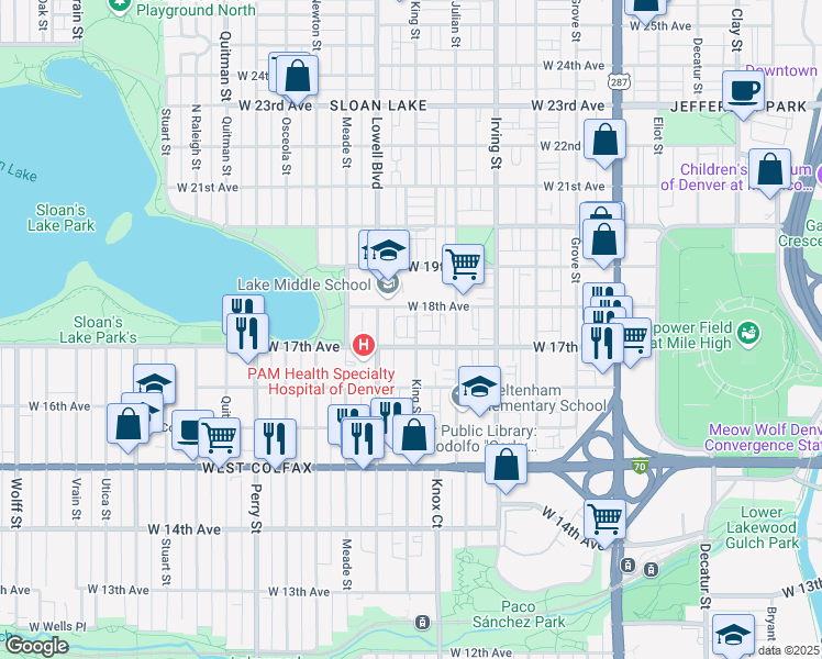 map of restaurants, bars, coffee shops, grocery stores, and more near 1717 King Street in Denver