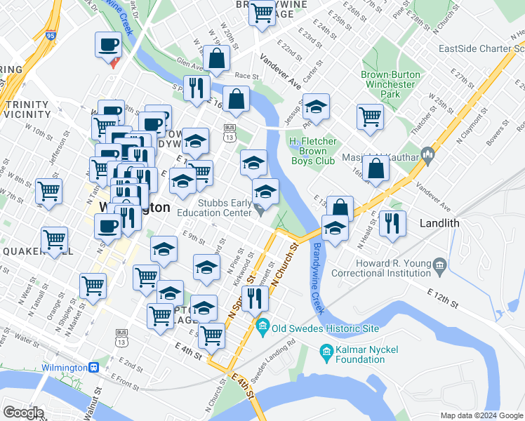map of restaurants, bars, coffee shops, grocery stores, and more near 1100 North Pine Street in Wilmington