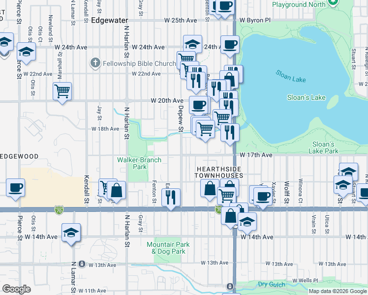 map of restaurants, bars, coffee shops, grocery stores, and more near 1700 Lake Shore Place in Edgewater