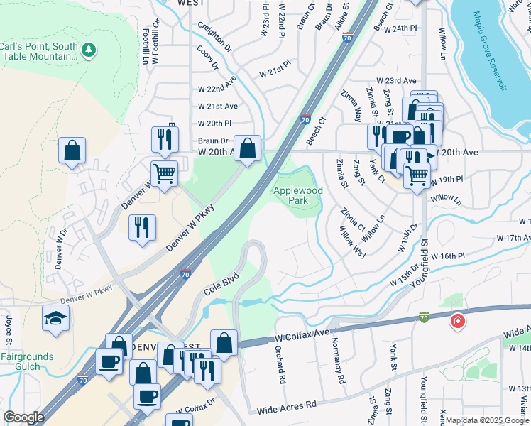 map of restaurants, bars, coffee shops, grocery stores, and more near 1617 Cole Boulevard in Golden