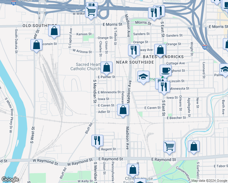map of restaurants, bars, coffee shops, grocery stores, and more near 1666 South Talbott Street in Indianapolis
