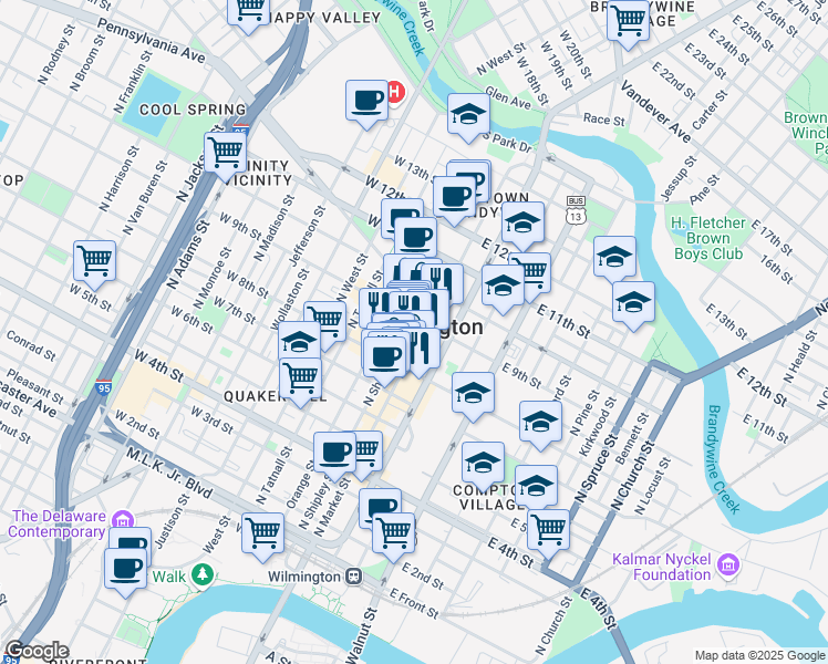 map of restaurants, bars, coffee shops, grocery stores, and more near 837 North Market Street in Wilmington