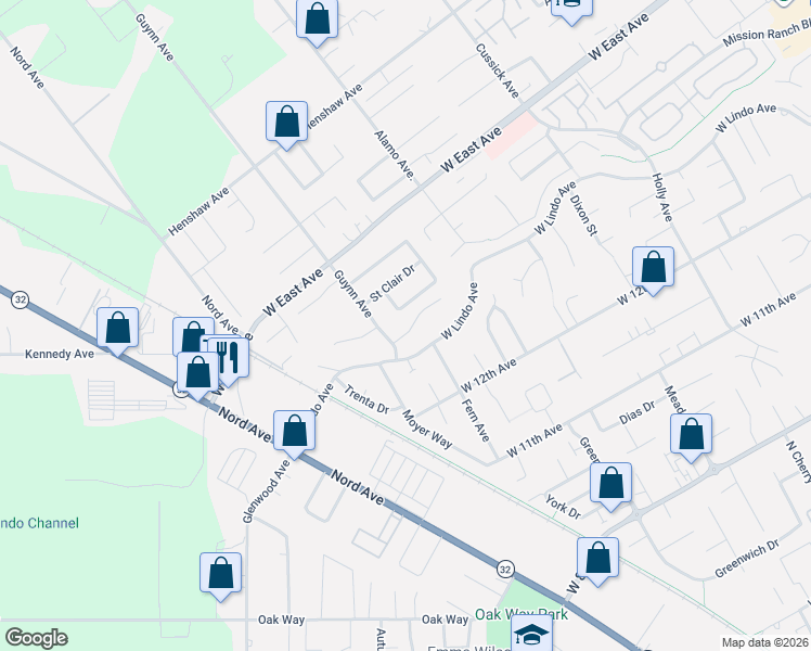 map of restaurants, bars, coffee shops, grocery stores, and more near 19 Guynn Bridge Court in Chico
