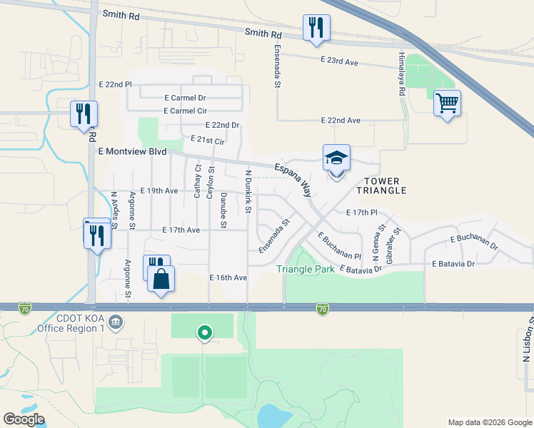 map of restaurants, bars, coffee shops, grocery stores, and more near 19385 East Batavia Place in Aurora