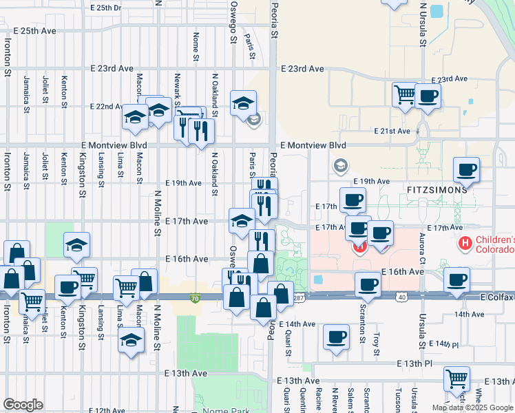 map of restaurants, bars, coffee shops, grocery stores, and more near 1709 Paris Street in Aurora