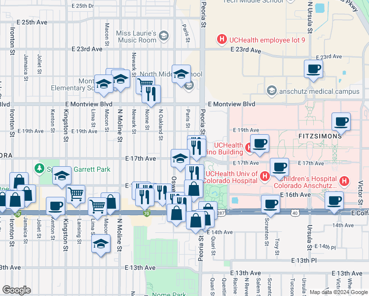 map of restaurants, bars, coffee shops, grocery stores, and more near 1709 Paris Street in Aurora