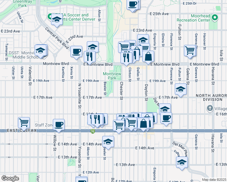 map of restaurants, bars, coffee shops, grocery stores, and more near 1701 Boston Street in Aurora