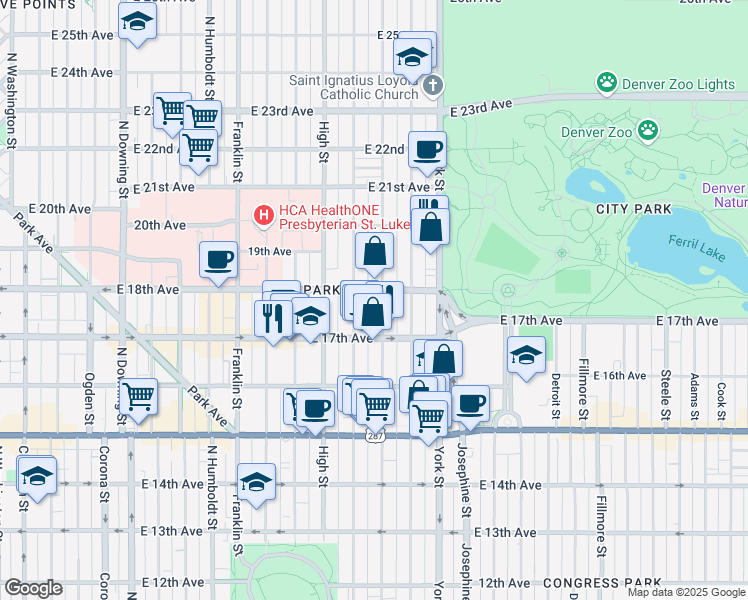 map of restaurants, bars, coffee shops, grocery stores, and more near 1743 Vine Street in Denver