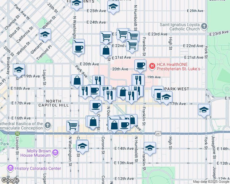 map of restaurants, bars, coffee shops, grocery stores, and more near 1728 North Downing Street in Denver