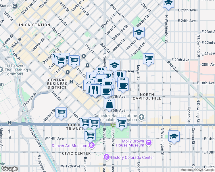 map of restaurants, bars, coffee shops, grocery stores, and more near in Denver