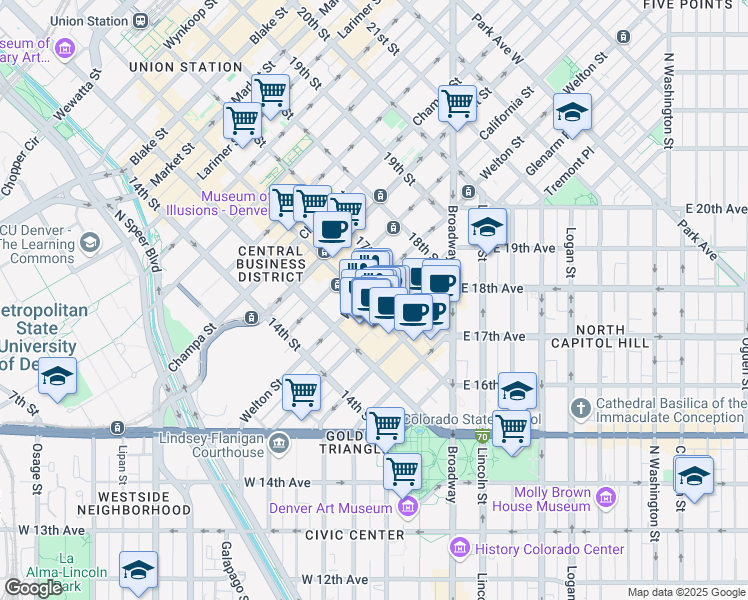 map of restaurants, bars, coffee shops, grocery stores, and more near in Denver