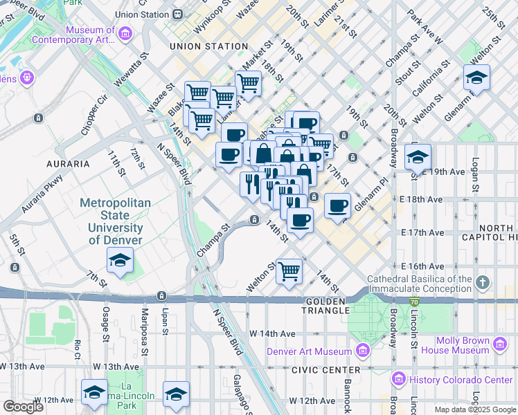 map of restaurants, bars, coffee shops, grocery stores, and more near 1325 Stout St in Denver