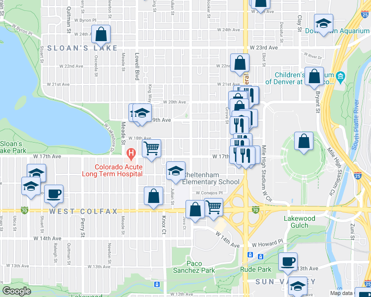 map of restaurants, bars, coffee shops, grocery stores, and more near 1707 Irving Street in Denver