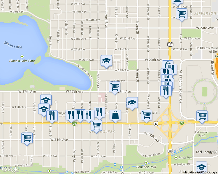 map of restaurants, bars, coffee shops, grocery stores, and more near in Denver