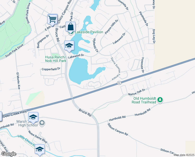 map of restaurants, bars, coffee shops, grocery stores, and more near 21 Sierra Lakeside Lane in Chico