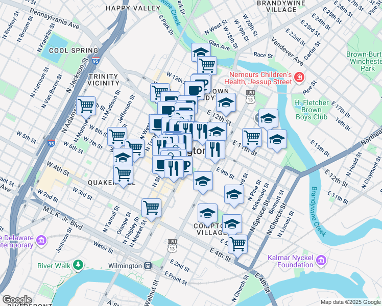 map of restaurants, bars, coffee shops, grocery stores, and more near 844 North King Street in Wilmington
