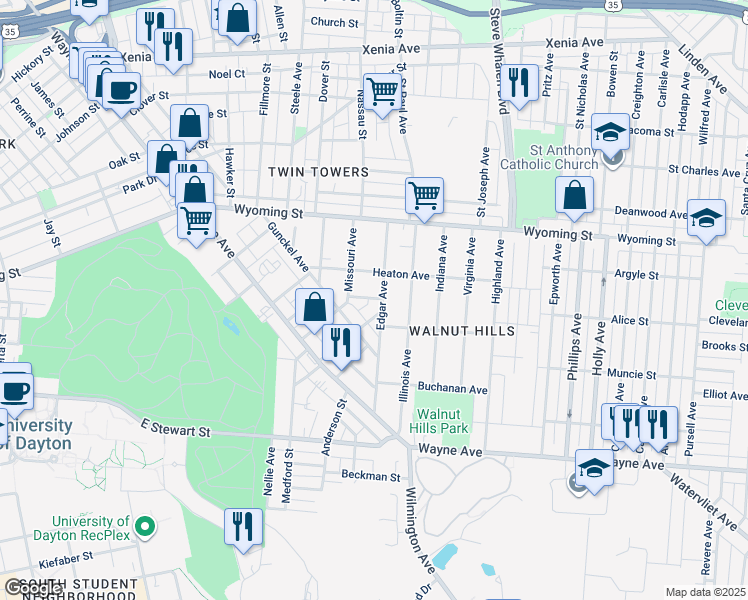map of restaurants, bars, coffee shops, grocery stores, and more near 217 Volkenand Avenue in Dayton