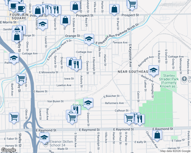 map of restaurants, bars, coffee shops, grocery stores, and more near 1739 South Randolph Street in Indianapolis