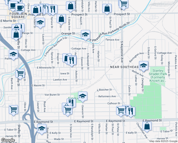 map of restaurants, bars, coffee shops, grocery stores, and more near 1739 South Randolph Street in Indianapolis