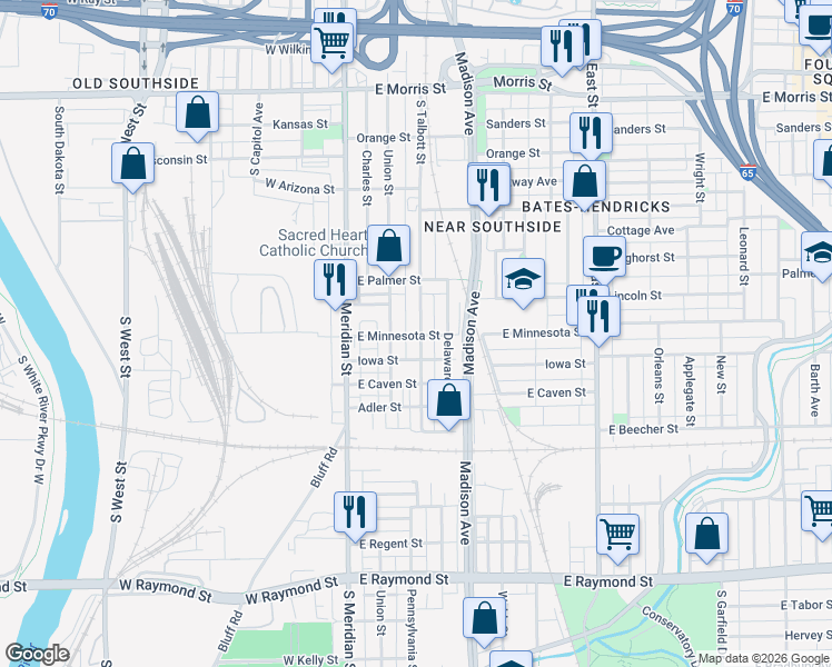 map of restaurants, bars, coffee shops, grocery stores, and more near 1717 Union Street in Indianapolis